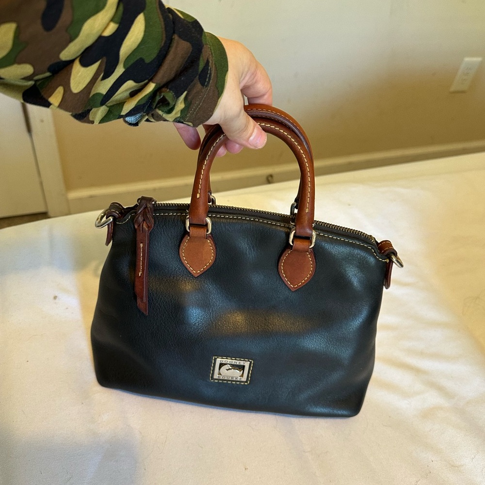 Dooney & Bourke Black Leather Satchel with Tan Handles